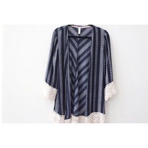 Crocheted Lace Trimmed Navy and White Kimono XL